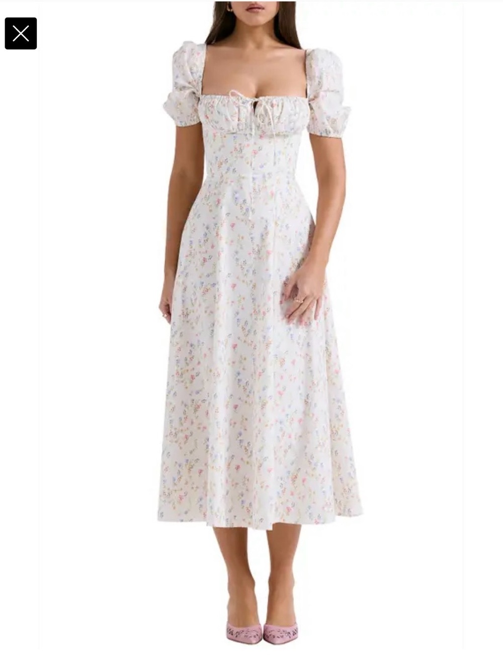 House of CB White Floral Puff-Sleeve Midi Dress